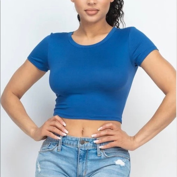 BASIC BLUE HAZE SHORT SLEEVE CROP TOP SHIRT - Picture 1 of 1